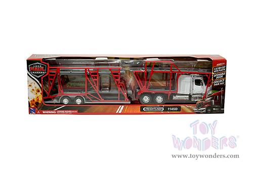 New Ray - Long Haul Trucker Freightliner 114SD Auto Carrier (1/32, scale diecast model car, Red/White Cab) 10983