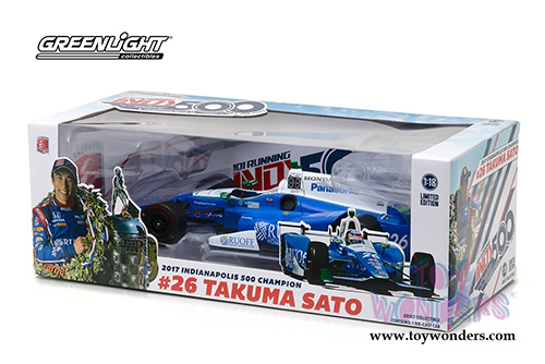 Greenlight - 2017 Indianapolis 500 Champion #26 Takuma Sato / Andretti Autosport, Ruoff Home Mortgage (2017, 1/18 scale diecast model car, Blue/White) 11020