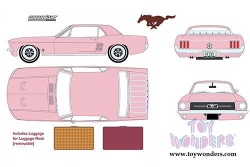 Greenlight - Ford Mustang Coupe with Luggage Rack Hard Top (1967, 1/18 scale diecast model car, Playboy Pink) 12966