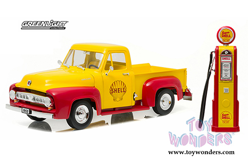 Greenlight - Ford F-100 Pickup Truck Shell Oil with Vintage Gas Pump (1953, 1/18 scale diecast model car,Yellow w/Red) 12983