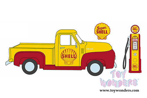 Greenlight - Ford F-100 Pickup Truck Shell Oil with Vintage Gas Pump (1953, 1/18 scale diecast model car,Yellow w/Red) 12983