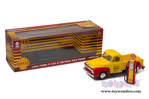 Greenlight - Ford F-100 Pickup Truck Shell Oil with Vintage Gas Pump (1953, 1/18 scale diecast model car,Yellow w/Red) 12983