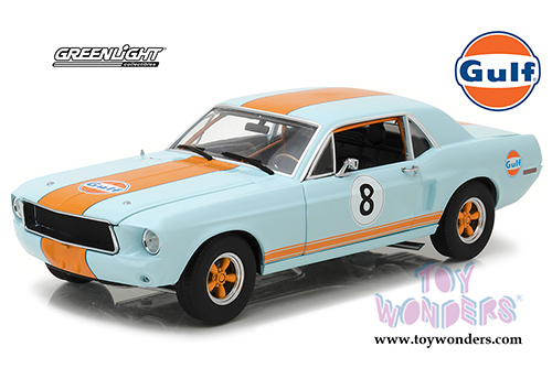 Greenlight - Ford Mustang Coupe Gulf Oil #8 Hardtop (1967, 1/18 scale diecast model car, Light Blue w/ Orange Stripes) 12989