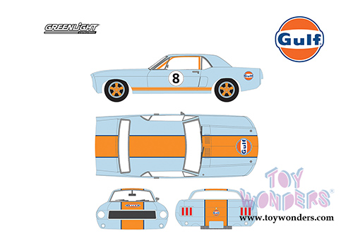 Greenlight - Ford Mustang Coupe Gulf Oil #8 Hardtop (1967, 1/18 scale diecast model car, Light Blue w/ Orange Stripes) 12989