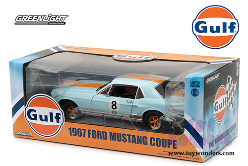 Greenlight - Ford Mustang Coupe Gulf Oil #8 Hardtop (1967, 1/18 scale diecast model car, Light Blue w/ Orange Stripes) 12989
