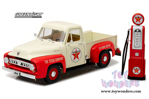 Greenlight - Ford F-100 Pickup Truck Texaco with Vintage Texaco Gas Pump (1953, 1/18 scale diecast model car, Cream w/Red) 12991