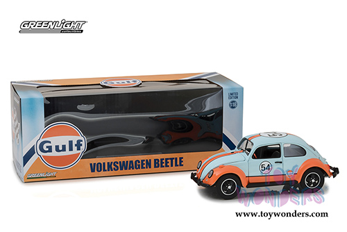 Greenlight - Volkswagen Beetle Gulf Oil Racer #54 (2012, 1/18 scale diecast model car, Light Blue w/ Orange Stripes) 12994