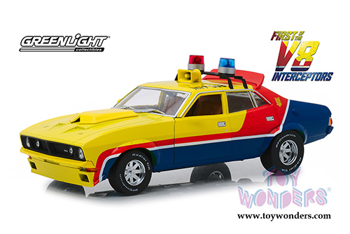 Greenlight Hollywood - Last of the V8 Interceptors Ford Falcon XB Hardtop (1974, 1/18 scale diecast model car, Yellow/Red/Blue) 13574