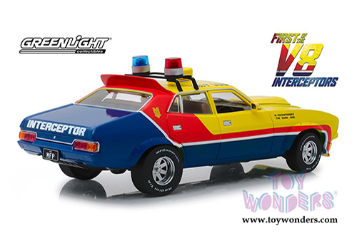 Greenlight Hollywood - Last of the V8 Interceptors Ford Falcon XB Hardtop (1974, 1/18 scale diecast model car, Yellow/Red/Blue) 13574