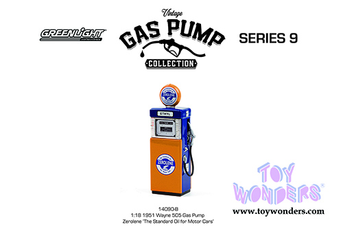 Greenlight - Vintage Gas Pumps Series 9 | 1951 Wayne 505 Gas Pump - Zerolene "‘The Standard Oil for Motor Cars" (1/18 scale diecast model, Orange/Blue) 14090B
