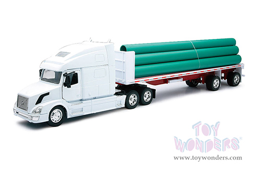 New Ray - Long Haul Trucker | Volvo® VN-780 Flatbed Trailer with Long Pipes (1/32, scale diecast model car, White) 14223B