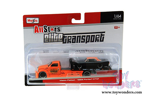 Maisto Allstars Elite Transport - Flatbed/Pontiac GTO Hardtop (1965, 1/64 scale diecast model car, Orange/Black) 15055GTO