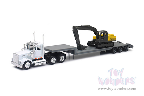 New Ray - Kenworth® W900 Lowboy with Backhoe (1/43, scale diecast model car, White/Yellow/Black) 15293A
