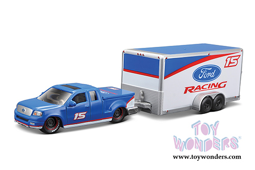 Maisto Design Tow & Go - Ford F-150 Pickup Truck/Car Trailer (2004, 1/64 scale diecast model car, Blue/White) 15368F