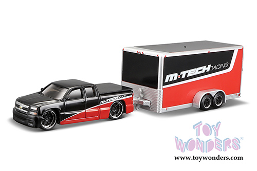 Maisto Design Tow & Go - Chevrolet&reg; Silverado&trade; SS&trade; Pickup Truck/Car Trailer (2004, 1/64 scale diecast model car, Red/Black) 15368SIV