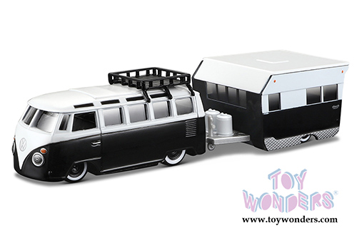 Maisto Design Tow & Go - Volkswagen Van Samba/Alameda Trailer (1/64 scale diecast model car, White/Black) 15368VW
