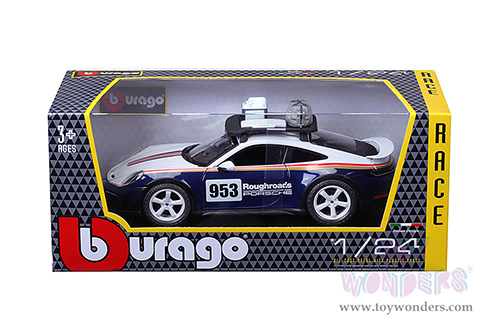 BBurago Race - Porsche 911 Dakar Race Car #953 "Roughroads Porsche" (1/24 scale diecast model car, White/Blue) 18-28029BU