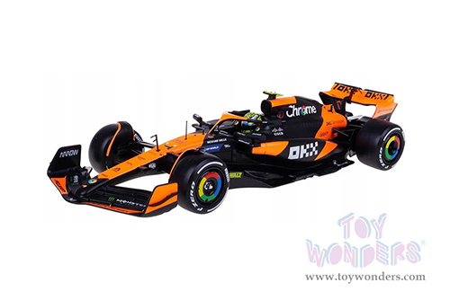Bburago Formula Racing - McLaren F1 Team #4 Lando Norris with Driver "OKX" Winner Formula One F1 Miami GP (2024) (1/24 scale diecast model car, Black/Orange) 18-28033/4A