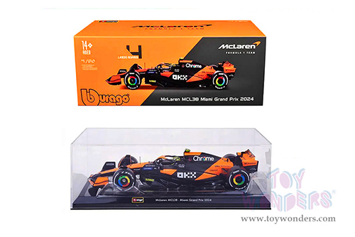Bburago Formula Racing - McLaren F1 Team #4 Lando Norris with Driver "OKX" Winner Formula One F1 Miami GP (2024) (1/24 scale diecast model car, Black/Orange) 18-28033/4