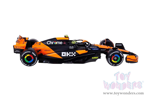 Bburago Formula Racing - McLaren F1 Team #4 Lando Norris with Driver "OKX" Winner Formula One F1 Miami GP (2024) (1/24 scale diecast model car, Black/Orange) 18-28033/4A