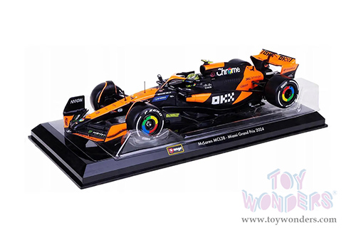Bburago Formula Racing - McLaren F1 Team #4 Lando Norris with Driver "OKX" Winner Formula One F1 Miami GP (2024) (1/24 scale diecast model car, Black/Orange) 18-28033/4A