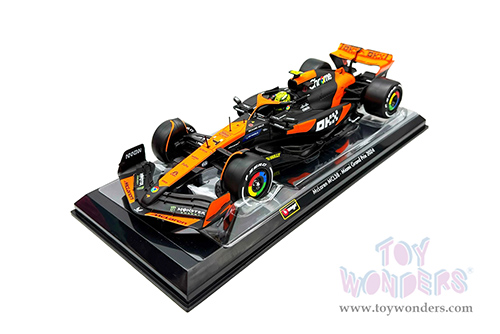 Bburago Formula Racing - McLaren F1 Team #4 Lando Norris with Driver "OKX" Winner Formula One F1 Miami GP (2024) (1/24 scale diecast model car, Black/Orange) 18-28033/4A