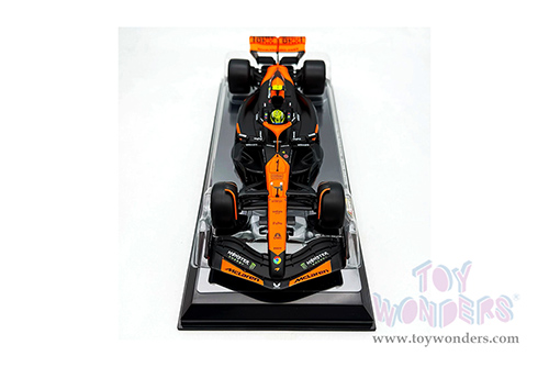 Bburago Formula Racing - McLaren F1 Team #4 Lando Norris with Driver "OKX" Winner Formula One F1 Miami GP (2024) (1/24 scale diecast model car, Black/Orange) 18-28033/4A