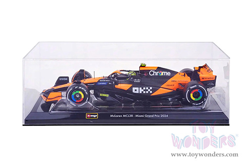 Bburago Formula Racing - McLaren F1 Team #4 Lando Norris with Driver "OKX" Winner Formula One F1 Miami GP (2024) (1/24 scale diecast model car, Black/Orange) 18-28033/4A