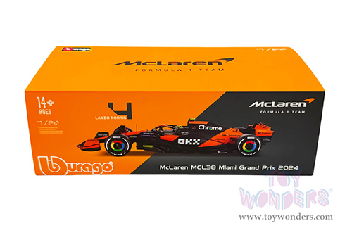 Bburago Formula Racing - McLaren F1 Team #4 Lando Norris with Driver "OKX" Winner Formula One F1 Miami GP (2024) (1/24 scale diecast model car, Black/Orange) 18-28033/4
