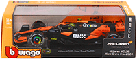 Bburago Formula Racing - McLaren F1 Team #4 Lando Norris with Driver "OKX" Winner Formula One F1 Miami GP (2024) (1/24 scale diecast model car, Black/Orange) 18-28033/4A; 