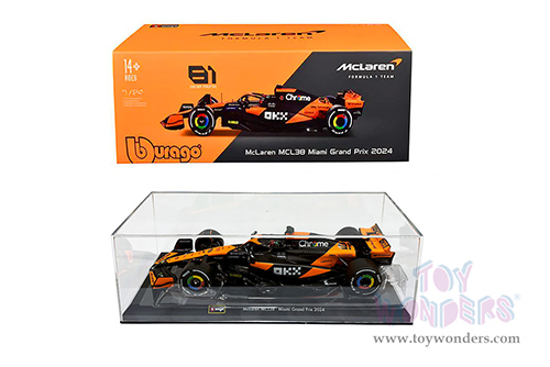 Bburago Formula Racing - McLaren F1 Team #81 Oscar Piastri with Driver "OKX" Formula One F1 Miami GP (2024) (1/24 scale diecast model car, Black/Orange) 18-28033/81