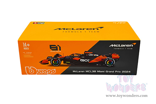 Bburago Formula Racing - McLaren F1 Team #81 Oscar Piastri with Driver "OKX" Formula One F1 Miami GP (2024) (1/24 scale diecast model car, Black/Orange) 18-28033/81