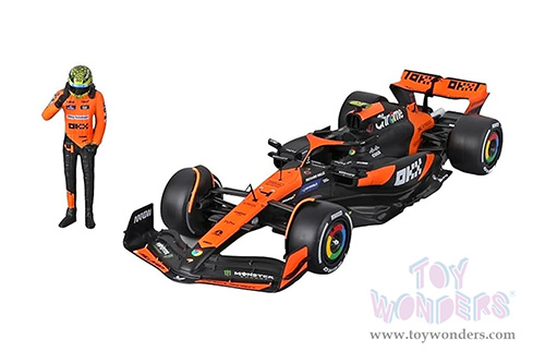 Bburago Formula Racing - McLaren F1 Team #4 Lando Norris "OKX" Winner Formula One F1 Miami GP (2024)  with Driver Figure (1/24 scale diecast model car, Black/Orange) 18-28040/4