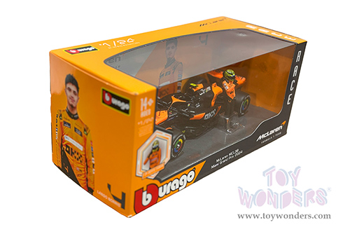 Bburago Formula Racing - McLaren F1 Team #4 Lando Norris "OKX" Winner Formula One F1 Miami GP (2024)  with Driver Figure (1/24 scale diecast model car, Black/Orange) 18-28040/4