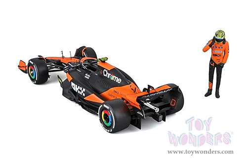 Bburago Formula Racing - McLaren F1 Team #4 Lando Norris "OKX" Winner Formula One F1 Miami GP (2024)  with Driver Figure (1/24 scale diecast model car, Black/Orange) 18-28040/4