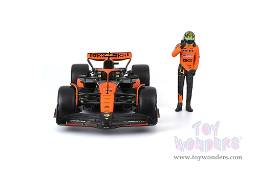Bburago Formula Racing - McLaren F1 Team #4 Lando Norris "OKX" Winner Formula One F1 Miami GP (2024)  with Driver Figure (1/24 scale diecast model car, Black/Orange) 18-28040/4