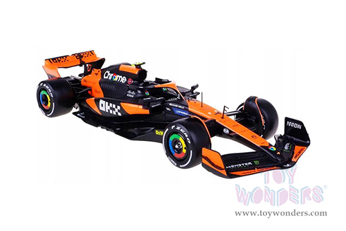 Bburago Formula Racing - McLaren F1 Team #4 Lando Norris "OKX" Winner Formula One F1 Miami GP (2024)  with Driver Figure (1/24 scale diecast model car, Black/Orange) 18-28040/4