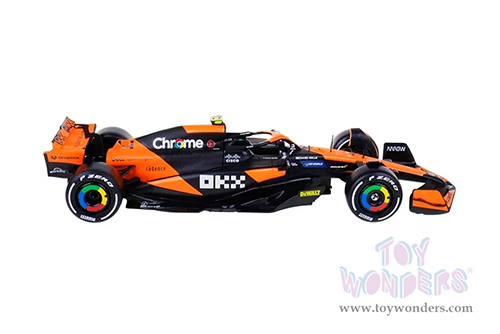 Bburago Formula Racing - McLaren F1 Team #4 Lando Norris "OKX" Winner Formula One F1 Miami GP (2024)  with Driver Figure (1/24 scale diecast model car, Black/Orange) 18-28040/4