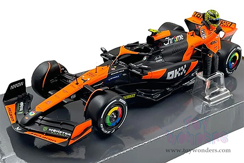 Bburago Formula Racing - McLaren F1 Team #4 Lando Norris "OKX" Winner Formula One F1 Miami GP (2024)  with Driver Figure (1/24 scale diecast model car, Black/Orange) 18-28040/4