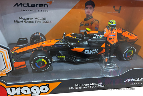 Bburago Formula Racing - McLaren F1 Team #4 Lando Norris "OKX" Winner Formula One F1 Miami GP (2024)  with Driver Figure (1/24 scale diecast model car, Black/Orange) 18-28040/4