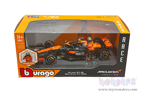 Bburago Formula Racing - McLaren F1 Team #4 Lando Norris "OKX" Winner Formula One F1 Miami GP (2024)  with Driver Figure (1/24 scale diecast model car, Black/Orange) 18-28040/4