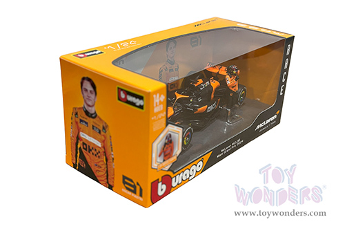 Bburago Formula Racing - McLaren F1 Team #81 Oscar Piastri "OKX" Formula One F1 Miami GP (2024) with Driver Figure (1/24 scale diecast model car, Black/Orange) 18-28040/81