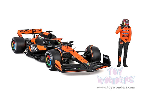 Bburago Formula Racing - McLaren F1 Team #81 Oscar Piastri "OKX" Formula One F1 Miami GP (2024) with Driver Figure (1/24 scale diecast model car, Black/Orange) 18-28040/81