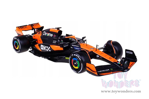 Bburago Formula Racing - McLaren F1 Team #81 Oscar Piastri "OKX" Formula One F1 Miami GP (2024) with Driver Figure (1/24 scale diecast model car, Black/Orange) 18-28040/81