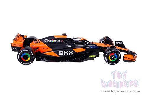 Bburago Formula Racing - McLaren F1 Team #81 Oscar Piastri "OKX" Formula One F1 Miami GP (2024) with Driver Figure (1/24 scale diecast model car, Black/Orange) 18-28040/81