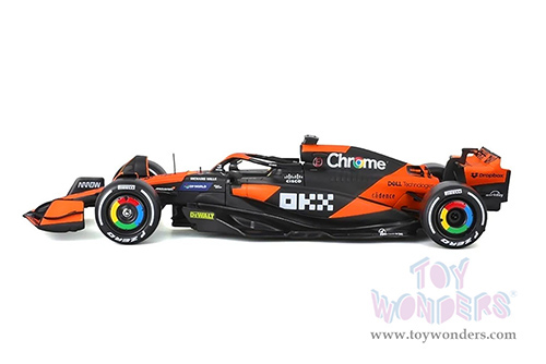 Bburago Formula Racing - McLaren F1 Team #81 Oscar Piastri "OKX" Formula One F1 Miami GP (2024) with Driver Figure (1/24 scale diecast model car, Black/Orange) 18-28040/81