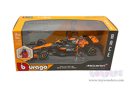 Bburago Formula Racing - McLaren F1 Team #81 Oscar Piastri "OKX" Formula One F1 Miami GP (2024) with Driver Figure (1/24 scale diecast model car, Black/Orange) 18-28040/81