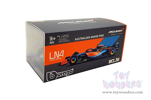 Bburago Formula Racing - McLaren F1 Team #4 Lando Norris with Driver Formula One F1 Australian GP (2022) (1/43 scale diecast model car, Black/Orange/Blue) 18-38064/NOR