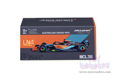 Bburago Formula Racing - McLaren F1 Team #4 Lando Norris with Driver Formula One F1 Australian GP (2022) (1/43 scale diecast model car, Black/Orange/Blue) 18-38064/NOR