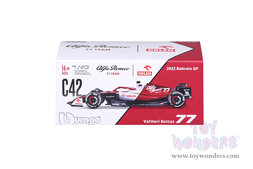 Bburago Formula Racing - Alfa Romeo F1 Team Orlen C42 #77 Valtteri Bottas with Driver Formula One F1 Bahrain GP (2022) (1/43 scale diecast model car, Red/White) 18-38068/BOT